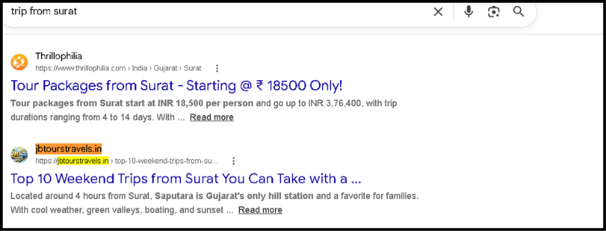 Ranking on page 1 for “trip from surat” | organically — Travel & Tours case study